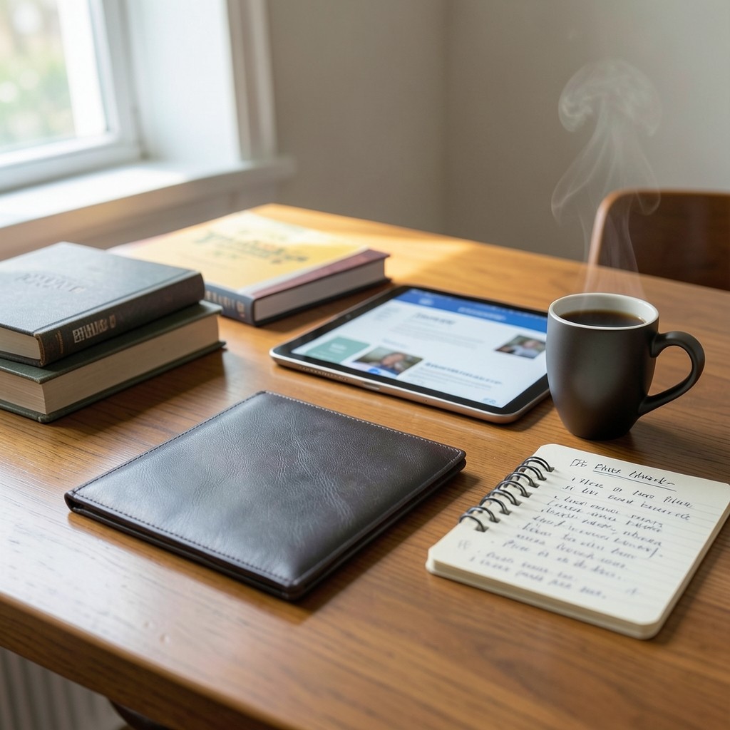 Materiales de formación profesional junto a agenda de planificación